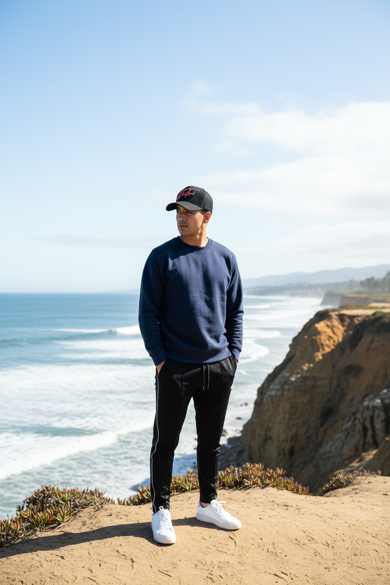Full outfit - Navy crewneck, black track pants, white sneakers
